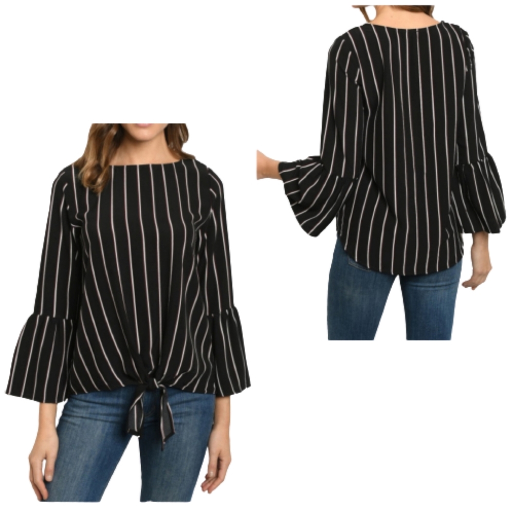 mittoshop Black Striped Blouse Bell sleeves Knot front NWT